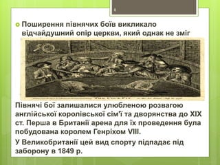  Поширення півнячих боїв викликало
відчайдушний опір церкви, який однак не зміг
його зупинити.
Півнячі бої залишалися улюбленою розвагою
англійської королівської сім'ї та дворянства до XIX
ст. Перша в Британії арена для їх проведення була
побудована королем Генріхом VIII.
У Великобританії цей вид спорту підпадає під
заборону в 1849 р.
6
 