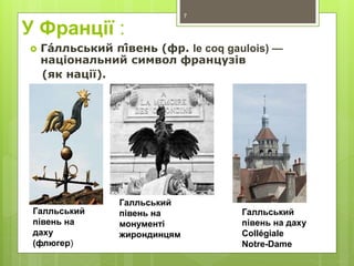 У Франції :
 Га́лльський пі́вень (фр. le coq gaulois) —
національний символ французів
(як нації).
Галльський
півень на
даху
(флюгер)
Галльський
півень на
монументі
жирондинцям
Галльський
півень на даху
Collégiale
Notre-Dame
7
 