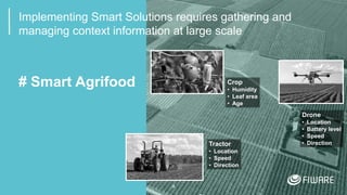 4
Implementing Smart Solutions requires gathering and
managing context information at large scale
# Smart Agrifood
Tractor
• Location
• Speed
• Direction
Crop
• Humidity
• Leaf area
• Age
Drone
• Location
• Battery level
• Speed
• Direction
 