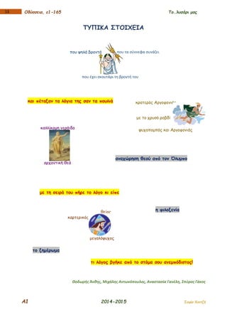 Α1 2014-2015 Σοφία Χαντζή
113 Οδύσσεια, ε1-165 Το…λυσάρι μας
ΤΥΠΙΚΑ ΣΤΟΙΧΕΙΑ
Θοδωρής Άνθης, Μιχάλης Αντωνόπουλος, Αναστασία Γανέλη, Σπύρος Γάκος
καλλίκομη νεράιδα
αρχοντική θεά
καρτερικός
θείος
μεγαλόψυχος
που ψηλά βροντά που τα σύννεφα συνάζει
που έχει σκουτάρι τη βροντή του
ψυχοπομπός και Αργοφονιάς
με το χρυσό ραβδί
κρατερός Αργοφονιάςκαι πέταξαν τα λόγια της σαν τα πουλιά
με τη σειρά του πήρε το λόγο κι είπε
τι λόγος βγήκε από το στόμα σου ανεμπόδιστος!
αναχώρηση θεού από τον Όλυμπο
το ξημέρωμα
η φιλοξενία
 