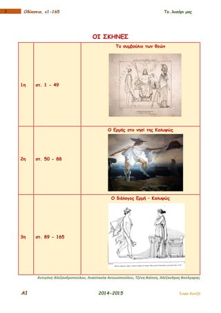 Α1 2014-2015 Σοφία Χαντζή
12 Οδύσσεια, ε1-165 Το…λυσάρι μας
ΟΙ ΣΚΗΝΕΣ
1η στ. 1 - 49
Το συμβούλιο των θεών
2η στ. 50 - 88
Ο Ερμής στο νησί της Καλυψώς
3η στ. 89 - 165
Ο διάλογος Ερμή – Καλυψώς
Αντιγόνη Αλεξανδροπούλου, Αναστασία Αντωνοπούλου, Τζένη Βαϊτση, Αλέξανδρος Βούλγαρης
 