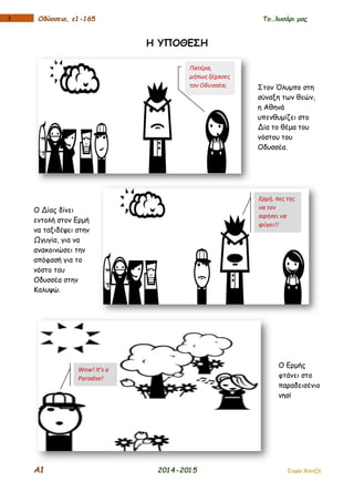 Α1 2014-2015 Σοφία Χαντζή
13 Οδύσσεια, ε1-165 Το…λυσάρι μας
Η ΥΠΟΘΕΣΗ
Στον Όλυμπο στη
σύναξη των θεών,
η Αθηνά
υπενθυμίζει στο
Δία το θέμα του
νόστου του
Οδυσσέα.
Ο Δίας δίνει
εντολή στον Ερμή
να ταξιδέψει στην
Ωγυγία, για να
ανακοινώσει την
απόφασή για το
νόστο του
Οδυσσέα στην
Καλυψώ.
Ο Ερμής
φτάνει στο
παραδεισένιο
νησί
Πατέρα,
μήπως ξέχασες
τον Οδυσσέα;
Ερμή, πες της
να τον
αφήσει να
φύγει!!
Wow! It’s a
Paradise!
 