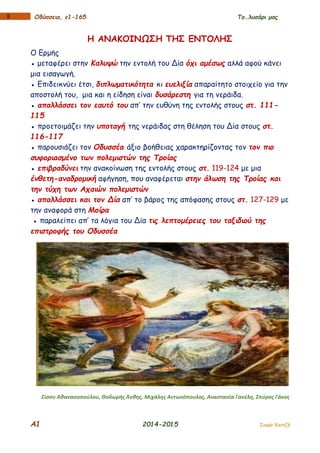 Α1 2014-2015 Σοφία Χαντζή
18 Οδύσσεια, ε1-165 Το…λυσάρι μας
Η ΑΝΑΚΟΙΝΩΣΗ ΤΗΣ ΕΝΤΟΛΗΣ
Ο Ερμής
● μεταφέρει στην Καλυψώ την εντολή του Δία όχι αμέσως αλλά αφού κάνει
μια εισαγωγή.
● Επιδεικνύει έτσι, διπλωματικότητα κι ευελιξία απαραίτητο στοιχείο για την
αποστολή του, μια και η είδηση είναι δυσάρεστη για τη νεράιδα.
● απαλλάσσει τον εαυτό του απ’ την ευθύνη της εντολής στους στ. 111-
115
● προετοιμάζει την υποταγή της νεράιδας στη θέληση του Δία στους στ.
116-117
● παρουσιάζει τον Οδυσσέα άξιο βοήθειας χαρακτηρίζοντας τον τον πιο
συφοριασμένο των πολεμιστών της Τροίας
● επιβραδύνει την ανακοίνωση της εντολής στους στ. 119-124 με μια
ένθετη-αναδρομική αφήγηση, που αναφέρεται στην άλωση της Τροίας και
την τύχη των Αχαιών πολεμιστών
● απαλλάσσει και τον Δία απ’ το βάρος της απόφασης στους στ. 127-129 με
την αναφορά στη Μοίρα
● παραλείπει απ’ τα λόγια του Δία τις λεπτομέρειες του ταξιδιού της
επιστροφής του Οδυσσέα
Σίσσυ Αθανασοπούλου, Θοδωρής Άνθης, Μιχάλης Αντωνόπουλος, Αναστασία Γανέλη, Σπύρος Γάκος
 