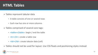 HTML Tables
 Tables represent tabular data
• A table consists of one or several rows
• Each row has one or more columns
 Tables comprised of several core tags:
• <table></table>: begin / end the table
• <tr></tr>: create a table row
• <td></td>: create tabular data (cell)
 Tables should not be used for layout. Use CSS floats and positioning styles instead
24
Software Outsourcing Company Indiahttp://www.ifourtechnolab.com/
 