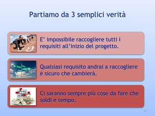 Partiamo da 3 semplici verità
E’ impossibile raccogliere tutti i
requisiti all’inizio del progetto.
Qualsiasi requisito andrai a raccogliere
è sicuro che cambierà.
Ci saranno sempre più cose da fare che
soldi e tempo.
11
 