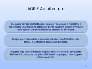 AGILE Architecture
Dal punto di vista architetturale, durante l'iterazione 0 l'obiettivo è
identificare una direzione potenziale per la soluzione nonché eventuali
rischi tecnici che potenzialmente saranno da affrontare.
In questa fase non c’è bisogno di specifiche architetturali dettagliate.
Definire l’architettura completa all'inizio di un progetto di sviluppo è
infatti un rischio.
Bisogna poter rispondere a domande critiche circa l’ambito, costi,
tempi, e la strategia tecnica del progetto.
25
 