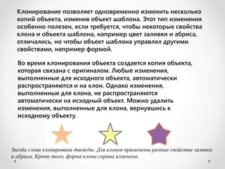 Звезда слева клонирована дважды. Для клонов применены разные свойства заливки
и абриса. Кроме того, форма клона справа изменена.
Клонирование позволяет одновременно изменить несколько
копий объекта, изменив объект шаблона. Этот тип изменения
особенно полезен, если требуется, чтобы некоторые свойства
клона и объекта шаблона, например цвет заливки и абриса,
отличались, но чтобы объект шаблона управлял другими
свойствами, например формой.
Во время клонирования объекта создается копия объекта,
которая связана с оригиналом. Любые изменения,
выполненные для исходного объекта, автоматически
распространяются и на клон. Однако изменения,
выполненные для клона, не распространяются
автоматически на исходный объект. Можно удалить
изменения, выполненные для клона, вернувшись к
исходному объекту.
 