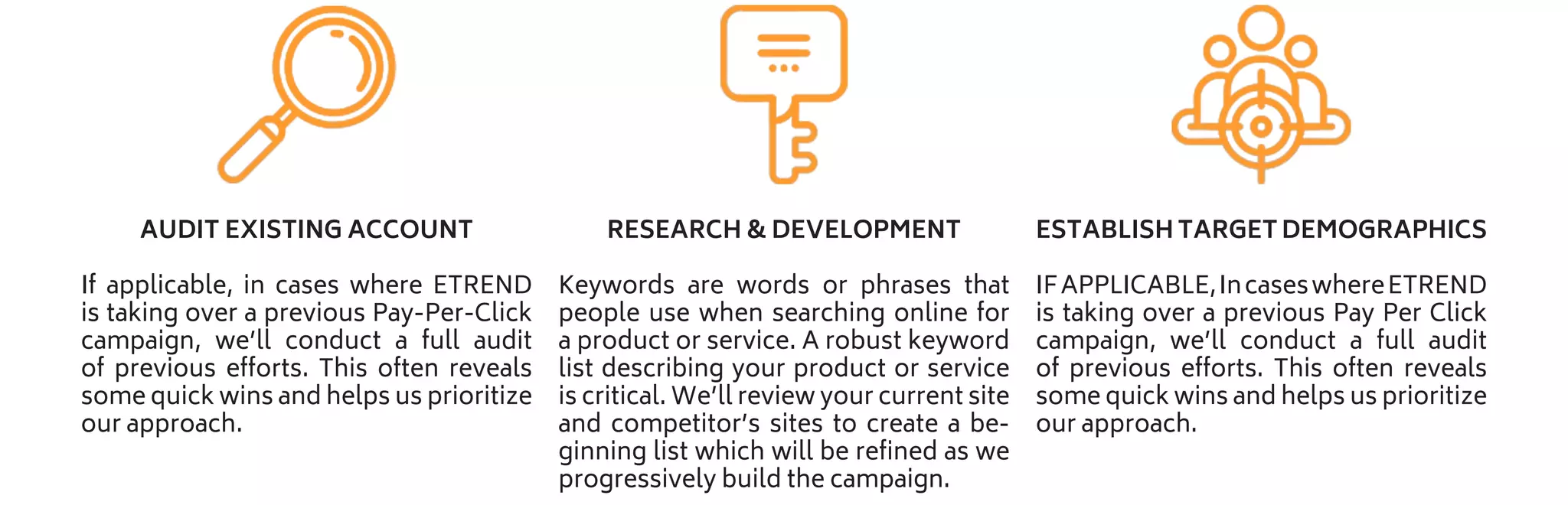AUDIT EXISTING ACCOUNT
If applicable, in cases where ETREND
is taking over a previous Pay-Per-Click
campaign, we’ll conduct a full audit
of previous efforts. This often reveals
some quick wins and helps us prioritize
our approach.
RESEARCH & DEVELOPMENT
Keywords are words or phrases that
people use when searching online for
a product or service. A robust keyword
list describing your product or service
is critical. We’ll review your current site
and competitor’s sites to create a be-
ginning list which will be refined as we
progressively build the campaign.
ESTABLISH TARGET DEMOGRAPHICS
IFAPPLICABLE,IncaseswhereETREND
is taking over a previous Pay Per Click
campaign, we’ll conduct a full audit
of previous efforts. This often reveals
some quick wins and helps us prioritize
our approach.