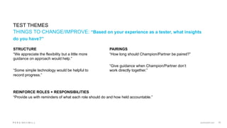 perkinswill.com 25
TEST THEMES
THINGS TO CHANGE/IMPROVE: “Based on your experience as a tester, what insights
do you have?...