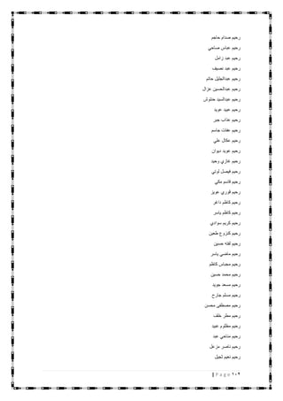 112| P a g e
‫حاجم‬ ‫صدام‬ ‫رحيم‬
‫صاحي‬ ‫عباس‬ ‫رحيم‬
‫زامل‬ ‫عبد‬ ‫رحيم‬
‫نصيف‬ ‫عبد‬ ‫رحيم‬
‫حاتم‬ ‫عبدالجليل‬ ‫رحيم‬
‫عزال‬ ‫عبدالحسين‬ ‫رحيم‬
‫حنتوش‬ ‫عبدالسيد‬ ‫رحيم‬
‫عويد‬ ‫عبيد‬ ‫رحيم‬
‫جبر‬ ‫عذاب‬ ‫رحيم‬
‫جاسم‬ ‫عفات‬ ‫رحيم‬
‫علي‬ ‫عكال‬ ‫رحيم‬
‫رح‬‫ديوان‬ ‫عويد‬ ‫يم‬
‫وحيد‬ ‫غازي‬ ‫رحيم‬
‫لوتي‬ ‫فيصل‬ ‫رحيم‬
‫مكي‬ ‫قاسم‬ ‫رحيم‬
‫عويز‬ ‫قوري‬ ‫رحيم‬
‫داغر‬ ‫كاظم‬ ‫رحيم‬
‫ياسر‬ ‫كاظم‬ ‫رحيم‬
‫سوادي‬ ‫كريم‬ ‫رحيم‬
‫طعين‬ ‫كنزوع‬ ‫رحيم‬
‫حسين‬ ‫لفته‬ ‫رحيم‬
‫ياسر‬ ‫ماضي‬ ‫رحيم‬
‫كاظم‬ ‫مجباس‬ ‫رحيم‬
‫حسين‬ ‫محمد‬ ‫رحيم‬
‫جويد‬ ‫مسعد‬ ‫رحيم‬
‫جارح‬ ‫مسلم‬ ‫رحيم‬
‫محسن‬ ‫مصطفى‬ ‫رحيم‬
‫خلف‬ ‫مطر‬ ‫رحيم‬
‫عبيد‬ ‫مظلوم‬ ‫رحيم‬
‫عبد‬ ‫مناحي‬ ‫رحيم‬
‫مزعل‬ ‫ناصر‬ ‫رحيم‬
‫ثجيل‬ ‫نعيم‬ ‫رحيم‬
 