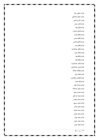 12| P a g e
‫ريال‬ ‫عوفي‬ ‫جاسم‬
‫عبدالنبي‬ ‫عويلم‬ ‫جاسم‬
‫هادي‬ ‫غازي‬ ‫جاسم‬
‫حسن‬ ‫فاخر‬ ‫جاسم‬
‫جياد‬ ‫فالح‬ ‫جاسم‬
‫ضيدان‬ ‫فنجان‬ ‫جاسم‬
‫جاسم‬ ‫كاظم‬ ‫جاسم‬
‫حسين‬ ‫كاظم‬ ‫جاسم‬
‫حمادي‬ ‫كاظم‬ ‫جاسم‬
‫سعد‬ ‫كاظم‬ ‫جاسم‬
‫عبدالصمد‬ ‫كاظم‬ ‫جاسم‬
‫عبود‬ ‫كاظم‬ ‫جاسم‬
‫فهد‬ ‫كاظم‬ ‫جاسم‬
‫لفته‬ ‫كاظم‬ ‫جاسم‬
‫عبدالزهره‬ ‫كامل‬ ‫جاسم‬
‫عبدالحسين‬ ‫كريم‬ ‫جاسم‬
‫عبدالله‬ ‫كطافه‬ ‫جاسم‬
‫بداي‬ ‫كعيد‬ ‫جاسم‬
‫محكرص‬ ‫كنيمش‬ ‫جاسم‬
‫حمزه‬ ‫لفته‬ ‫جاسم‬
‫جثير‬ ‫مبارك‬ ‫جاسم‬
‫حمدالله‬ ‫مجبل‬ ‫جاسم‬
‫حميد‬ ‫محسن‬ ‫جاسم‬
‫ابراهيم‬ ‫محمد‬ ‫جاسم‬
‫باهض‬ ‫محمد‬ ‫جاسم‬
‫بريهي‬ ‫محمد‬ ‫جاسم‬
‫جاسم‬ ‫محمد‬ ‫جاسم‬
‫جمعه‬ ‫محمد‬ ‫جاسم‬
‫جميل‬ ‫محمد‬ ‫جاسم‬
‫جياد‬ ‫محمد‬ ‫جاسم‬
‫حبيب‬ ‫محمد‬ ‫جاسم‬
‫حسن‬ ‫محمد‬ ‫جاسم‬
 