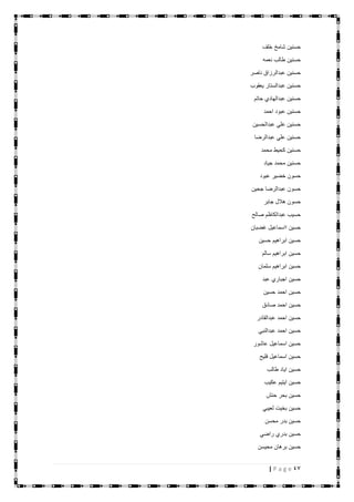 47| P a g e
‫خلف‬ ‫شامخ‬ ‫حسنين‬
‫نعمه‬ ‫طالب‬ ‫حسنين‬
‫ناصر‬ ‫عبدالرزاق‬ ‫حسنين‬
‫يعقوب‬ ‫عبدالستار‬ ‫حسنين‬
‫حاتم‬ ‫عبدالهادي‬ ‫حسنين‬
‫احمد‬ ‫عبود‬ ‫حسنين‬
‫عبدالح‬ ‫علي‬ ‫حسنين‬‫سين‬
‫عبدالرضا‬ ‫علي‬ ‫حسنين‬
‫محمد‬ ‫كحيط‬ ‫حسنين‬
‫جياد‬ ‫محمد‬ ‫حسنين‬
‫عبود‬ ‫خضير‬ ‫حسون‬
‫جحين‬ ‫عبدالرضا‬ ‫حسون‬
‫جابر‬ ‫هالل‬ ‫حسون‬
‫صالح‬ ‫عبدالكاظم‬ ‫حسيب‬
‫غضبان‬ ‫ااسماعيل‬ ‫حسين‬
‫حسين‬ ‫ابراهيم‬ ‫حسين‬
‫سالم‬ ‫ابراهيم‬ ‫حسين‬
‫سلمان‬ ‫ابراهيم‬ ‫حسين‬
‫عبد‬ ‫اجباري‬ ‫حسين‬
‫حسين‬ ‫احمد‬ ‫حسين‬
‫صادق‬ ‫احمد‬ ‫حسين‬
‫عبدالقادر‬ ‫احمد‬ ‫حسين‬
‫عبدالنبي‬ ‫احمد‬ ‫حسين‬
‫عاشور‬ ‫اسماعيل‬ ‫حسين‬
‫فليح‬ ‫اسماعيل‬ ‫حسين‬
‫طالب‬ ‫اياد‬ ‫حسين‬
‫عكيب‬ ‫ايتيم‬ ‫حسين‬
‫حنش‬ ‫بحر‬ ‫حسين‬
‫لعيبي‬ ‫بخيت‬ ‫حسين‬
‫محسن‬ ‫بدر‬ ‫حسين‬
‫راضي‬ ‫بدري‬ ‫حسين‬
‫محيسن‬ ‫برهان‬ ‫حسين‬
 