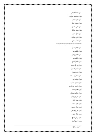 66| P a g e
‫جابر‬ ‫عبدالله‬ ‫حمزه‬
‫حمادي‬ ‫عبدعلي‬ ‫حمزه‬
‫داخل‬ ‫عبود‬ ‫حمزه‬
‫معله‬ ‫علوان‬ ‫حمزه‬
‫حسين‬ ‫علي‬ ‫حمزه‬
‫مااللله‬ ‫علي‬ ‫حمزه‬
‫حسن‬ ‫فالح‬ ‫حمزه‬
‫ضايف‬ ‫فالح‬ ‫حمزه‬
‫مهدي‬ ‫قاسم‬ ‫حمزه‬
*************************************
‫حسن‬ ‫كاظم‬ ‫حمزه‬
‫رسن‬ ‫كاظم‬ ‫حمزه‬
‫زغير‬ ‫كاظم‬ ‫حمزه‬
‫ع‬ ‫كاظم‬ ‫حمزه‬‫بد‬
‫مفتاح‬ ‫كاظم‬ ‫حمزه‬
‫حسب‬ ‫مزعل‬ ‫حمزه‬
‫صكبان‬ ‫مسلم‬ ‫حمزه‬
‫حسن‬ ‫مقداد‬ ‫حمزه‬
‫محمد‬ ‫منحوش‬ ‫حمزه‬
‫نمر‬ ‫مهدي‬ ‫حمزه‬
‫جاسب‬ ‫ناصر‬ ‫حمزه‬
‫عبدالكريم‬ ‫ناصر‬ ‫حمزه‬
‫حميد‬ ‫هاشم‬ ‫حمزه‬
‫غيضان‬ ‫هاشم‬ ‫حمزه‬
‫وريوش‬ ‫بدر‬ ‫حمود‬
‫خلف‬ ‫جبر‬ ‫حمود‬
‫محمد‬ ‫جبر‬ ‫حمود‬
‫محسن‬ ‫حاتم‬ ‫حمود‬
‫صافي‬ ‫حزام‬ ‫حمود‬
‫صبيح‬ ‫خالد‬ ‫حمود‬
‫دناع‬ ‫رملي‬ ‫حمود‬
‫احمد‬ ‫زامل‬ ‫حمود‬
 