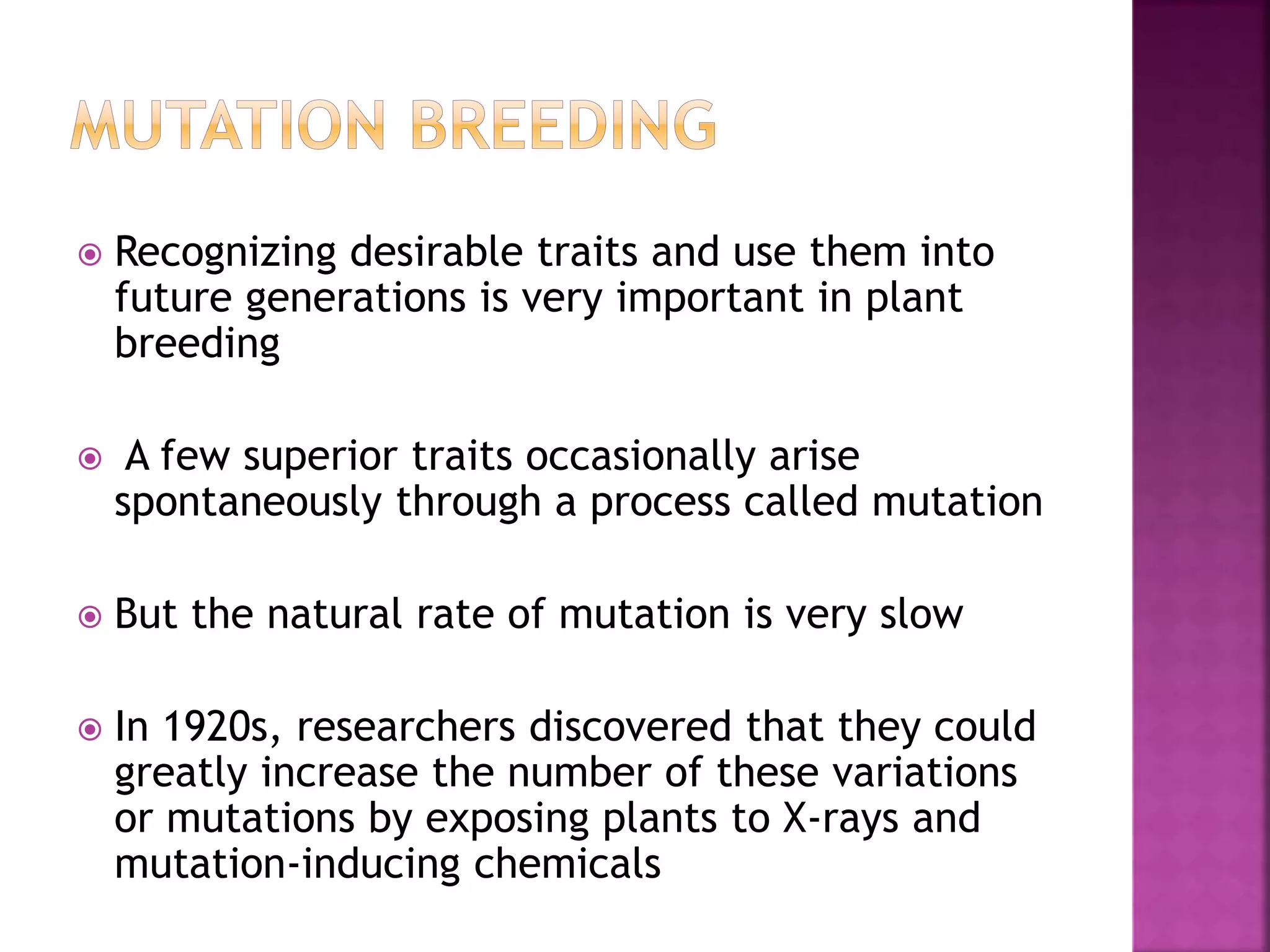  Recognizing desirable traits and use them into
future generations is very important in plant
breeding
 A few superior traits occasionally arise
spontaneously through a process called mutation
 But the natural rate of mutation is very slow
 In 1920s, researchers discovered that they could
greatly increase the number of these variations
or mutations by exposing plants to X-rays and
mutation-inducing chemicals
 