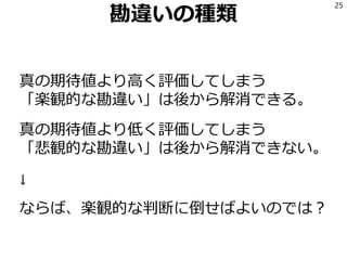 勘違いの種類
真の期待値より高く評価してしまう
「楽観的な勘違い」は後から解消できる。
真の期待値より低く評価してしまう
「悲観的な勘違い」は後から解消できない。
↓
ならば、楽観的な判断に倒せばよいのでは？
25
 