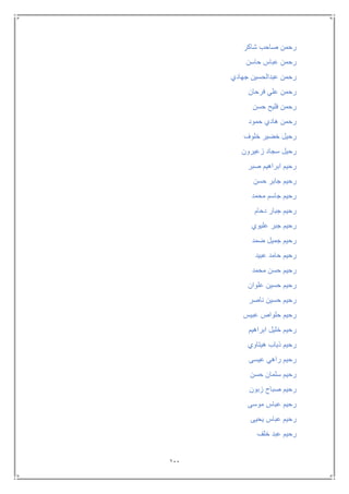 111
‫شاكر‬ ‫صاحب‬ ‫رحمن‬
‫حاسن‬ ‫عباس‬ ‫رحمن‬
‫جهادي‬ ‫عبدالحسين‬ ‫رحمن‬
‫فرحان‬ ‫علي‬ ‫رحمن‬
‫حسن‬ ‫فليح‬ ‫رحمن‬
‫حمود‬ ‫هادي‬ ‫رحمن‬
‫خلوف‬ ‫خضير‬ ‫رحيل‬
‫سج‬ ‫رحيل‬‫زعيرون‬ ‫اد‬
‫صبر‬ ‫ابراهيم‬ ‫رحيم‬
‫حسن‬ ‫جابر‬ ‫رحيم‬
‫محمد‬ ‫جاسم‬ ‫رحيم‬
‫دحام‬ ‫جبار‬ ‫رحيم‬
‫عليوي‬ ‫جبر‬ ‫رحيم‬
‫ضمد‬ ‫جميل‬ ‫رحيم‬
‫عبيد‬ ‫حامد‬ ‫رحيم‬
‫محمد‬ ‫حسن‬ ‫رحيم‬
‫علوان‬ ‫حسين‬ ‫رحيم‬
‫ناصر‬ ‫حسين‬ ‫رحيم‬
‫عبيس‬ ‫حلواص‬ ‫رحيم‬
‫ابراهيم‬ ‫خليل‬ ‫رحيم‬
‫هيتاوي‬ ‫ذياب‬ ‫رحيم‬
‫عيسى‬ ‫راهي‬ ‫رحيم‬
‫حسن‬ ‫سلمان‬ ‫رحيم‬
‫زبون‬ ‫صباح‬ ‫رحيم‬
‫موسى‬ ‫عباس‬ ‫رحيم‬
‫يحيى‬ ‫عباس‬ ‫رحيم‬
‫خلف‬ ‫عبد‬ ‫رحيم‬
 