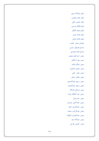 127
‫مسي‬ ‫عبدالله‬ ‫سليم‬‫ر‬
‫مجنون‬ ‫عبيد‬ ‫سليم‬
‫علي‬ ‫عيسى‬ ‫سليم‬
‫موسى‬ ‫كاظم‬ ‫سليم‬
‫كاظم‬ ‫محمد‬ ‫سليم‬
‫حسن‬ ‫نعمه‬ ‫سليم‬
‫ناصر‬ ‫هاشم‬ ‫سليم‬
‫غايب‬ ‫حيدر‬ ‫سليمان‬
‫واوي‬ ‫جويهل‬ ‫سماح‬
‫هويدي‬ ‫نعمه‬ ‫سماح‬
‫حبيب‬ ‫اسماعيل‬ ‫سمير‬
‫كاظم‬ ‫جواد‬ ‫سمير‬
‫هاشم‬ ‫حاكم‬ ‫سمير‬
‫شنشول‬ ‫حبيب‬ ‫سمير‬
‫علي‬ ‫حيدر‬ ‫سمير‬
‫جابر‬ ‫خضر‬ ‫سمير‬
‫عبدالحسين‬ ‫رحيم‬ ‫سمير‬
‫سمير‬‫عبدالحمزه‬ ‫رحيم‬
‫عبدالله‬ ‫صالح‬ ‫سمير‬
‫جواد‬ ‫الكاظم‬ ‫عبد‬ ‫سمير‬
‫جبار‬ ‫عبد‬ ‫سمير‬
‫حمدان‬ ‫عبداالمير‬ ‫سمير‬
‫عنيد‬ ‫عبدالحسن‬ ‫سمير‬
‫محمد‬ ‫عبدالزهره‬ ‫سمير‬
‫انطيته‬ ‫عبدالعباس‬ ‫سمير‬
‫عبد‬ ‫عبدالله‬ ‫سمير‬
‫غزاي‬ ‫غاوي‬ ‫سمير‬
 