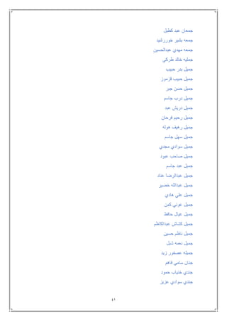 41
‫كطيل‬ ‫عبد‬ ‫جمعان‬
‫خوررشيد‬ ‫بشير‬ ‫جمعه‬
‫عبدالحسين‬ ‫مهدي‬ ‫جمعه‬
‫طركي‬ ‫خالد‬ ‫جمليه‬
‫حبيب‬ ‫بدر‬ ‫جميل‬
‫قزموز‬ ‫حبيب‬ ‫جميل‬
‫جبر‬ ‫حسن‬ ‫جميل‬
‫جاسم‬ ‫درب‬ ‫جميل‬
‫عبد‬ ‫دريش‬ ‫جميل‬
‫فرحان‬ ‫رحيم‬ ‫جميل‬
‫هوله‬ ‫رهيف‬ ‫جميل‬
‫جاسم‬ ‫سهل‬ ‫جميل‬
‫مجدي‬ ‫سوادي‬ ‫جميل‬
‫عبود‬ ‫صاحب‬ ‫جميل‬
‫جاسم‬ ‫عبد‬ ‫جميل‬
‫عناد‬ ‫عبدالرضا‬ ‫جميل‬
‫خضير‬ ‫عبدالله‬ ‫جميل‬
‫هادي‬ ‫علي‬ ‫جميل‬
‫كمن‬ ‫عوني‬ ‫جميل‬
‫حافظ‬ ‫عيال‬ ‫جميل‬
‫عبدالكاظم‬ ‫كشاش‬ ‫جميل‬
‫حسين‬ ‫ناظم‬ ‫جميل‬
‫شبل‬ ‫نعمه‬ ‫جميل‬
‫زيد‬ ‫عصفور‬ ‫جميله‬
‫فاهم‬ ‫سامي‬ ‫جنان‬
‫حمود‬ ‫خنياب‬ ‫جندي‬
‫عزيز‬ ‫سوادي‬ ‫جندي‬
 