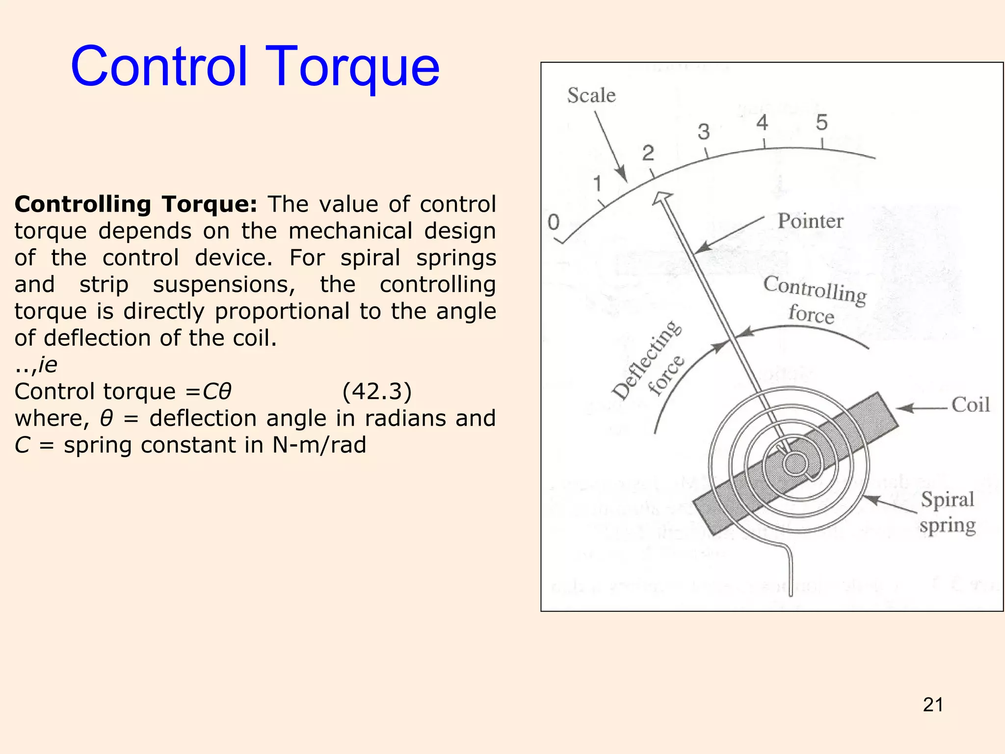 21
Control Torque
Controlling Torque: The value of control
torque depends on the mechanical design
of the control device. For spiral springs
and strip suspensions, the controlling
torque is directly proportional to the angle
of deflection of the coil.
..,ie
Control torque =Cθ (42.3)
where, θ = deflection angle in radians and
C = spring constant in N-m/rad
 