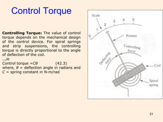 21
Control Torque
Controlling Torque: The value of control
torque depends on the mechanical design
of the control device. For spiral springs
and strip suspensions, the controlling
torque is directly proportional to the angle
of deflection of the coil.
..,ie
Control torque =Cθ (42.3)
where, θ = deflection angle in radians and
C = spring constant in N-m/rad
 