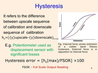 8
Hysteresis
It refers to the difference
between upscale sequence
of calibration and downscale
sequence of calibration
he=({y}upscale-{y}downscale)x=x1
Hysteresis error = [he(max)/FSOR] ×100
FSOR : Full Scale Output Reading
Fig. Internal force verses extension
of a rubber band follows
hysteresis. External force is in
opposition to internal force
E.g. Potentiometer used as
displacement sensor with
significant losses
 