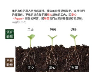 我們為你們眾人常常感謝神，禱告的時候提到你們，在神我們
的父面前，不住的記念你們因信心所做的工夫，因愛心
（Agape）所受的勞苦，因盼望我們主耶穌基督所存的忍耐。
(帖前1:2-3)
信心 愛心 盼望
工夫 勞苦 忍耐
內在
動機
外在
表現
 
