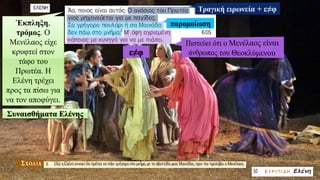 Έκπληξη,
τρόμος. Ο
Μενέλαος είχε
κρυφτεί στον
τάφο του
Πρωτέα. Η
Ελένη τρέχει
προς τα πίσω για
να τον αποφύγει.
Συναισθήματα Ελένης
 