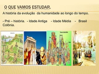 O QUE VAMOS ESTUDAR.
A história da evolução da humanidade ao longo do tempo.
- Pré – história. - Idade Antiga - Idade Média - Brasil
Colônia.
 