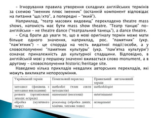 – Ігнорування правила утворення складних англійських термінів
за схемою “іменник плюс іменник” (останній компонент відповідає
на питання “що/хто”, а попередні – “який”).
Наприклад, “театр масових видовищ” перекладено theatre mass
shows, натомість має бути mass show theatre. “Театр танцю” по-
англійськи – не theatre dance (“театральний танець”), а dance theatre.
– Слід брати до уваги те, що в мові оригіналу термін може мати
більше одного значення, наприклад, рос. “памятник” (укр.
“пам’ятник”) – це споруда на честь видатної події/особи, а у
словосполученні “памятник культуры” (укр. “пам’ятка культури”)
означає приналежність до культурної спадщини. Відповідно, в
англійській мові у першому значенні вживається слово monument, а в
другому – словосполучення historic/heritage site.
Наведемо кілька прикладів невдалих авторських перекладів, які
можуть викликати непорозуміння.
 