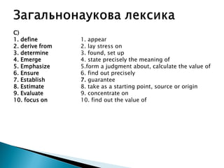 C)
1. define 1. appear
2. derive from 2. lay stress on
3. determine 3. found, set up
4. Emerge 4. state precisely the meaning of
5. Emphasize 5.form a judgment about, calculate the value of
6. Ensure 6. find out precisely
7. Establish 7. guarantee
8. Estimate 8. take as a starting point, source or origin
9. Evaluate 9. concentrate on
10. focus on 10. find out the value of
 