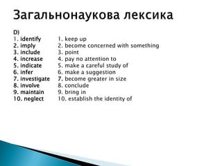 D)
1. identify 1. keep up
2. imply 2. become concerned with something
3. include 3. point
4. increase 4. pay no attention to
5. indicate 5. make a careful study of
6. infer 6. make a suggestion
7. investigate 7. become greater in size
8. involve 8. conclude
9. maintain 9. bring in
10. neglect 10. establish the identity of
 