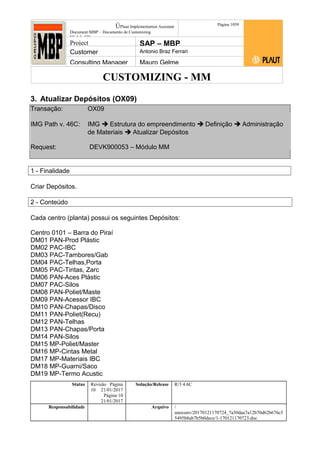 CUSTOMIZING - MM
ÚPlaut Implementation Assistant
Document:MBP – Documento de Customizing
Módulo SD
Página 1059
Project SAP – MBP
Customer Antonio Braz Ferrari
Consulting Manager Mauro Gelme
3. Atualizar Depósitos (OX09)
Transação: OX09
IMG Path v. 46C: IMG  Estrutura do empreendimento  Definição  Administração
de Materiais  Atualizar Depósitos
Request: DEVK900053 – Módulo MM
1 - Finalidade
Criar Depósitos.
2 - Conteúdo
Cada centro (planta) possui os seguintes Depósitos:
Centro 0101 – Barra do Piraí
DM01 PAN-Prod Plástic
DM02 PAC-IBC
DM03 PAC-Tambores/Gab
DM04 PAC-Telhas,Porta
DM05 PAC-Tintas, Zarc
DM06 PAN-Aces Plástic
DM07 PAC-Silos
DM08 PAN-Poliet/Maste
DM09 PAN-Acessor IBC
DM10 PAN-Chapas/Disco
DM11 PAN-Poliet(Recu)
DM12 PAN-Telhas
DM13 PAN-Chapas/Porta
DM14 PAN-Silos
DM15 MP-Poliet/Master
DM16 MP-Cintas Metal
DM17 MP-Materiais IBC
DM18 MP-Guarni/Saco
DM19 MP-Termo Acustic
Status Revisão Página
10 21/01/2017
Página 10
21/01/2017
Solução/Release R/3 4.6C
Responsabilidade Arquivo /
unoconv/20170121170724_7a50daa7a12b70d62b676c5
5495b8ab7b5b0dece/1-170121170723.doc
 