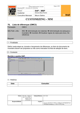 CUSTOMIZING - MM
ÚPlaut Implementation Assistant
Document:MBP – Documento de Customizing
Módulo SD
Página 14959
Project SAP – MBP
Customer Antonio Braz Ferrari
Consulting Manager Mauro Gelme
76. Lista de diferenças (OMC3)
Transação: OMC3
IMG Path v.46c: IMG  Administração de materiais  Administração de estoques e
inventário  Inventário  Atualizar regras de cópia para docs. De
referência
Request :
1 – Finalidade
Definir nesta etapa se, durante o lançamento de diferenças, os itens do documento de
inventário devem ser propostos ou não como marcados na lista de seleção de itens.
2 – Conteúdo
Mantido o padrão SAP.
3 – Histórico
Data Consultor
Status Revisão Página
149 21/01/2017
Página 149
21/01/2017
Solução/Release R/3 4.6C
Responsabilidade Arquivo /
unoconv/20170121170724_7a50daa7a12b70d62b676c5
5495b8ab7b5b0dece/1-170121170723.doc
 