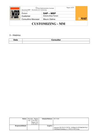 CUSTOMIZING - MM
ÚPlaut Implementation Assistant
Document:MBP – Documento de Customizing
Módulo SD
Página 16259
Project SAP – MBP
Customer Antonio Braz Ferrari
Consulting Manager Mauro Gelme
3 – Histórico
Data Consultor
Status Revisão Página
162 21/01/2017
Página 162
21/01/2017
Solução/Release R/3 4.6C
Responsabilidade Arquivo /
unoconv/20170121170724_7a50daa7a12b70d62b676c5
5495b8ab7b5b0dece/1-170121170723.doc
 