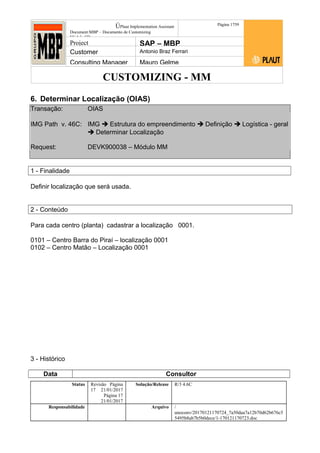 CUSTOMIZING - MM
ÚPlaut Implementation Assistant
Document:MBP – Documento de Customizing
Módulo SD
Página 1759
Project SAP – MBP
Customer Antonio Braz Ferrari
Consulting Manager Mauro Gelme
6. Determinar Localização (OIAS)
Transação: OIAS
IMG Path v. 46C: IMG  Estrutura do empreendimento  Definição  Logística - geral
 Determinar Localização
Request: DEVK900038 – Módulo MM
1 - Finalidade
Definir localização que será usada.
2 - Conteúdo
Para cada centro (planta) cadastrar a localização 0001.
0101 – Centro Barra do Piraí – localização 0001
0102 – Centro Matão – Localização 0001
3 - Histórico
Data Consultor
Status Revisão Página
17 21/01/2017
Página 17
21/01/2017
Solução/Release R/3 4.6C
Responsabilidade Arquivo /
unoconv/20170121170724_7a50daa7a12b70d62b676c5
5495b8ab7b5b0dece/1-170121170723.doc
 