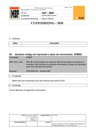 CUSTOMIZING - MM
ÚPlaut Implementation Assistant
Document:MBP – Documento de Customizing
Módulo SD
Página 17159
Project SAP – MBP
Customer Antonio Braz Ferrari
Consulting Manager Mauro Gelme
3 – Histórico
Data Consultor
92. Atualizar código de impressão a tipos de movimentos (OMB5)
Transação: OMBR
IMG Path v.46c: IMG  Administração de materiais  Administração de estoques e
inventário  Controle de impressão  Atualizar código de impressão
para docs.entrada mercadoria
Request: DEVK900125 – Modulo MM
1 – Finalidade
- Definir tipo de movimentos que irão imprimir documento SLIP.
2 – Conteúdo
Foram definidos os seguintes movimentos:
Status Revisão Página
171 21/01/2017
Página 171
21/01/2017
Solução/Release R/3 4.6C
Responsabilidade Arquivo /
unoconv/20170121170724_7a50daa7a12b70d62b676c5
5495b8ab7b5b0dece/1-170121170723.doc
 