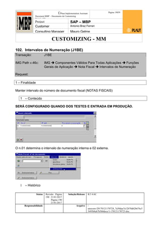 CUSTOMIZING - MM
ÚPlaut Implementation Assistant
Document:MBP – Documento de Customizing
Módulo SD
Página 19059
Project SAP – MBP
Customer Antonio Braz Ferrari
Consulting Manager Mauro Gelme
102. Intervalos de Numeração (J1BE)
Transação: J1BE
IMG Path v.46c: IMG  Componentes Válidos Para Todas Aplicações  Funções
Gerais de Aplicação  Nota Fiscal  Intervalos de Numeração
Request:
1 – Finalidade
Manter intervalo do número de documento fiscal (NOTAS FISCAIS)
1 – Conteúdo
SERÁ CONFIGURADO QUANDO DOS TESTES E ENTRADA EM PRODUÇÃO.
O n.01 determina o intervalo de numeração interna e 02 externa.
1 – Histórico
Status Revisão Página
190 21/01/2017
Página 190
21/01/2017
Solução/Release R/3 4.6C
Responsabilidade Arquivo /
unoconv/20170121170724_7a50daa7a12b70d62b676c5
5495b8ab7b5b0dece/1-170121170723.doc
 