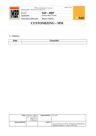 CUSTOMIZING - MM
ÚPlaut Implementation Assistant
Document:MBP – Documento de Customizing
Módulo SD
Página 23159
Project SAP – MBP
Customer Antonio Braz Ferrari
Consulting Manager Mauro Gelme
3 - Histórico
Data Consultor
Status Revisão Página
231 21/01/2017
Página 231
21/01/2017
Solução/Release R/3 4.6C
Responsabilidade Arquivo /
unoconv/20170121170724_7a50daa7a12b70d62b676c5
5495b8ab7b5b0dece/1-170121170723.doc
 