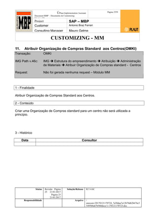 CUSTOMIZING - MM
ÚPlaut Implementation Assistant
Document:MBP – Documento de Customizing
Módulo SD
Página 2559
Project SAP – MBP
Customer Antonio Braz Ferrari
Consulting Manager Mauro Gelme
11. Atribuir Organização de Compras Standard aos Centros(OMKI)
Transação: OMKI
IMG Path v.46c: IMG  Estrutura do empreendimento  Atribuição  Administração
de Materiais  Atribuir Organização de Compras standard - Centros
Request: Não foi gerada nenhuma request – Módulo MM
1 - Finalidade
Atribuir Organização de Compras Standard aos Centros.
2 - Conteúdo
Criar uma Organização de Compras standard para um centro não será utilizada a
princípio.
3 - Histórico
Data Consultor
Status Revisão Página
25 21/01/2017
Página 25
21/01/2017
Solução/Release R/3 4.6C
Responsabilidade Arquivo /
unoconv/20170121170724_7a50daa7a12b70d62b676c5
5495b8ab7b5b0dece/1-170121170723.doc
 