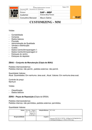 CUSTOMIZING - MM
ÚPlaut Implementation Assistant
Document:MBP – Documento de Customizing
Módulo SD
Página 3559
Project SAP – MBP
Customer Antonio Braz Ferrari
Consulting Manager Mauro Gelme
Visões
- Contabilidade
- Compras
- Dados básicos
- Previsão
- Administração de Qualidade
- Vendas e distribuição
- Custos
- Dados Centro/Armazenagem 1
- Dados Centro/Armazenagem 2
- Estoques do centro
- Estoques do depósito
ZBAU – Conjunto de Manutenção (Cópia do IBAU)
Pedidos internos/externos:
Pedidos internos: não permit., pedidos externos: não permit.
Quantidade Valores:
Atual. Quantidades: Em nenhuma área aval., Atual. Valores: Em nenhuma área aval.
Controle de preço:
Nenhum
Visões
- Classificação
- Dados básicos
ZERS – Peças de Reposição (Cópia do ERSA)
Pedidos internos/externos:
Pedidos internos: não permitidos, pedidos externos: permitidos.
Quantidade Valores:
Status Revisão Página
35 21/01/2017
Página 35
21/01/2017
Solução/Release R/3 4.6C
Responsabilidade Arquivo /
unoconv/20170121170724_7a50daa7a12b70d62b676c5
5495b8ab7b5b0dece/1-170121170723.doc
 