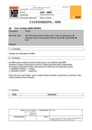 CUSTOMIZING - MM
ÚPlaut Implementation Assistant
Document:MBP – Documento de Customizing
Módulo SD
Página 4059
Project SAP – MBP
Customer Antonio Braz Ferrari
Consulting Manager Mauro Gelme
20. Criar Código NBM (SPRO)
Transação: SPRO
IMG Path v46c: IMG  Componentes Válidos Para Todas as Aplicações 
Funções Gerais de Aplicação  Nota Fiscal  Codes NBM 
Criar
Request:
1 – Finalidade
Criação da codificação do NBM
2 – Conteúdo
As NBM serão criadas através de batch-input a ser definido pela MBP.
Cadastrar Código e Descrição conforme Tabela fornecida pela Contabilidade.
Os campos são referenciados internamente no SAP com os seguintes nomes:
J_1BT604FV-STEUC = código
J_1BT604FV-TEXT1 = descritivo
Para criar um novo Código, clicar o botão Novas entradas e preencher os campos: País,
Code Controle e Denominação.
3 - Histórico
Data Consultor
Status Revisão Página
40 21/01/2017
Página 40
21/01/2017
Solução/Release R/3 4.6C
Responsabilidade Arquivo /
unoconv/20170121170724_7a50daa7a12b70d62b676c5
5495b8ab7b5b0dece/1-170121170723.doc
 