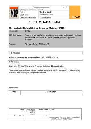 CUSTOMIZING - MM
ÚPlaut Implementation Assistant
Document:MBP – Documento de Customizing
Módulo SD
Página 4359
Project SAP – MBP
Customer Antonio Braz Ferrari
Consulting Manager Mauro Gelme
23. Atribuir Código NBM ao Grupo de Material (SPRO)
Transação: SPRO
IMG Path v.46c: Componentes válidas para todas as aplicações  Funções gerais de
aplicação  Nota fiscal  Codes NBM  Atribuir a grupo de
materiais
Request: Não será feito – Módulo MM
1 - Finalidade
Atribuir aos grupos de mercadoria os códigos NBM criados.
2 - Conteúdo
Associar o Código NBM a cada Grupo de Materiais. Não será feito.
Observe-se que devido ao fato do nível de agrupamento não ter aderência à legislação
brasileira, esta atribuição não poderá ser feita.
3 - Histórico
Data Consultor
Status Revisão Página
43 21/01/2017
Página 43
21/01/2017
Solução/Release R/3 4.6C
Responsabilidade Arquivo /
unoconv/20170121170724_7a50daa7a12b70d62b676c5
5495b8ab7b5b0dece/1-170121170723.doc
 