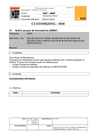 CUSTOMIZING - MM
ÚPlaut Implementation Assistant
Document:MBP – Documento de Customizing
Módulo SD
Página 5459
Project SAP – MBP
Customer Antonio Braz Ferrari
Consulting Manager Mauro Gelme
31. Definir grupos de mercadorias (OMSF)
Transação: OMSF
IMG Path v. 46c: IMG  LOGISTICA GERAL  MESTRE DE MATERIAIS 
OPÇÒES PARA CAMPOS CENTRAIS  DEFINIR GRUPOS DE
MERCADORIAS.
Request:
1 – Finalidade
Criar Grupo de Mercadorias.
Os grupos de mercadorias servem para agrupar materiais com o mesmo propósito ou
atributo. O grupo de mercadoria pode ser utilizado para:
- Limitar o escopo de análises
- Auxiliar na procura sistemática de materiais via MATCHCODE
2 – Conteúdo
AGUARDANDO DEFINIÇÃO .
3 – Histórico
Data Consultor
Status Revisão Página
54 21/01/2017
Página 54
21/01/2017
Solução/Release R/3 4.6C
Responsabilidade Arquivo /
unoconv/20170121170724_7a50daa7a12b70d62b676c5
5495b8ab7b5b0dece/1-170121170723.doc
 