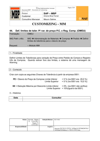 CUSTOMIZING - MM
ÚPlaut Implementation Assistant
Document:MBP – Documento de Customizing
Módulo SD
Página 7259
Project SAP – MBP
Customer Antonio Braz Ferrari
Consulting Manager Mauro Gelme
44. Def. limites de toler. P/ var. de preço P.C. x Reg. Comp. (OMEU)
Transação: OMEU
IMG Path v.46c: IMG  Administração de Materiais  Compras  Pedido  Definir
limites de tolerância para o desvio de preço
Request: – Módulo MM
1 – Finalidade
Definir Limites de Tolerâncias para variação de Preço entre Pedido de Compra e Registro
Info de Compras. Quando estiver fora dos limites, o sistema dá uma mensagem de
Warning.
2 – Conteúdo
Criar com copia as seguintes Chaves de Tolerância à partir da empresa 0001:
PE = Desvio do Preço de Compras Limite Inferior = 5 % (na 0001 era 20,0 %)
Limite Superior = 5 % (na 0001 era 10,0 %)
SE = Dedução Máxima por Desconto Limite inferior = 0% (na 0001 não verifica)
Limite Superior = 10%(igual à da 0001)
3 – Histórico
Data Consultor
Status Revisão Página
72 21/01/2017
Página 72
21/01/2017
Solução/Release R/3 4.6C
Responsabilidade Arquivo /
unoconv/20170121170724_7a50daa7a12b70d62b676c5
5495b8ab7b5b0dece/1-170121170723.doc
 