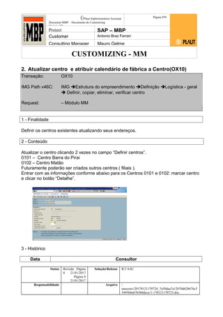 CUSTOMIZING - MM
ÚPlaut Implementation Assistant
Document:MBP – Documento de Customizing
Módulo SD
Página 859
Project SAP – MBP
Customer Antonio Braz Ferrari
Consulting Manager Mauro Gelme
2. Atualizar centro e atribuir calendário de fábrica a Centro(OX10)
Transação: OX10
IMG Path v46C: IMG Estrutura do empreendimento Definição Logística - geral
 Definir, copiar, eliminar, verificar centro
Request: – Módulo MM
1 - Finalidade
Definir os centros existentes atualizando seus endereços.
2 - Conteúdo
Atualizar o centro clicando 2 vezes no campo “Definir centros”.
0101 – Centro Barra do Pirai
0102 – Centro Matão
Futuramente poderão ser criados outros centros ( filiais ).
Entrar com as informações conforme abaixo para os Centros 0101 e 0102: marcar centro
e clicar no botão “Detalhe”.
3 - Histórico
Data Consultor
Status Revisão Página
8 21/01/2017
Página 8
21/01/2017
Solução/Release R/3 4.6C
Responsabilidade Arquivo /
unoconv/20170121170724_7a50daa7a12b70d62b676c5
5495b8ab7b5b0dece/1-170121170723.doc
 