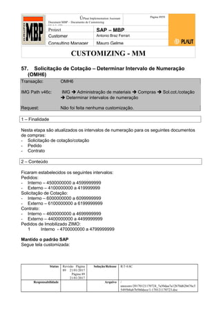 CUSTOMIZING - MM
ÚPlaut Implementation Assistant
Document:MBP – Documento de Customizing
Módulo SD
Página 8959
Project SAP – MBP
Customer Antonio Braz Ferrari
Consulting Manager Mauro Gelme
57. Solicitação de Cotação – Determinar Intervalo de Numeração
(OMH6)
Transação: OMH6
IMG Path v46c: IMG  Administração de materiais  Compras  Sol.cot./cotação
 Determinar intervalos de numeração
Request: Não foi feita nenhuma customização.
1 – Finalidade
Nesta etapa são atualizados os intervalos de numeração para os seguintes documentos
de compras:
- Solicitação de cotação/cotação
- Pedido
- Contrato
2 – Conteúdo
Ficaram estabelecidos os seguintes intervalos:
Pedidos:
- Interno – 4500000000 a 4599999999
- Externo – 4100000000 a 419999999
Solicitação de Cotação:
- Interno – 6000000000 a 6099999999
- Externo – 6100000000 a 6199999999
Contrato:
- Interno – 4600000000 a 4699999999
- Externo – 4400000000 a 4499999999
Pedidos de Imobilizado ZIMO:
1 Interno - 4700000000 a 4799999999
Mantido o padrão SAP
Segue tela customizada:
Status Revisão Página
89 21/01/2017
Página 89
21/01/2017
Solução/Release R/3 4.6C
Responsabilidade Arquivo /
unoconv/20170121170724_7a50daa7a12b70d62b676c5
5495b8ab7b5b0dece/1-170121170723.doc
 