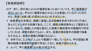 (2)ア 次に、同行為によりＡが傷害を負った点についても、甲に傷害罪が
成立しないか。甲はＡに傷害を負わせることは意図していなかったのだ
から、故意（38条1項）が認められないのではないか。
イ 故意責任の本質は、規範に直面し反対動機を形成できたのに行為に
及んだことに対する非難である。ここで、規範は構成要件として類型化さ
れているから、認識した内容と発生した結果が構成要件の範囲内で符合
していれば、故意を認めてもよい。また、故意を構成要件の範囲で抽象
化する以上、故意の個数も問題とならない。
ウ 本件では、乙とＡは「人」という範囲で一致しているから、甲の認識と実
際の結果が傷害罪の範囲で符合しており、故意が認められる。
エ よって、甲に傷害罪(２０４条)が成立する。
【答案例抜粋】
 