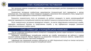 ЕТАП: ПСИХОЛОГІЧНЕ ТЕСТУВАННЯ
Тест загальних навичок складається з питань з варіантами відповідей, для його проведення не потрібно
спеціальної підготовки.
Психологічне тестування особистісних характеристик (психологічний тест) проводиться з метою
виявлення рис, типу характеру, стилю поведінки кандидата, визначення його емоційного стану, придатності
до служби в умовах підвищеного психологічного навантаження.
Результати психологічного тесту не впливають на рейтинг кандидата та мають рекомендаційний
характер і враховуються поліцейською комісією при прийнятті рішення за результатами всіх етапів конкурсу.
Після психологічного тестування проводиться інтерв′ю за участю представників психологічної служби,
підрозділу внутрішньої безпеки та представника служби, у яку відбирається кандидат (зазначені
представники включені в робочі групи).
ЕТАП: СПІВБЕСІДА З ПОЛІЦЕЙСЬКОЮ КОМІСІЄЮ
Під час співбесіди поліцейська комісія спілкується з кандидатом, вивчає надані матеріали та результати
попередніх етапів конкурсу.
Кандидати, рекомендовані поліцейською комісією до служби, включаються до рейтингу в межах
кількості наявних вакансій. Рейтинг будується на результатах тестування загальних навичок, професійного
тесту та оцінки рівня фізичної підготовки кандидатів.
Інформація про переможців конкурсу публікується на сайті Національної поліції не пізніше наступного
дня після підписання протоколу засідання поліцейської комісії.
ЇЇ
 