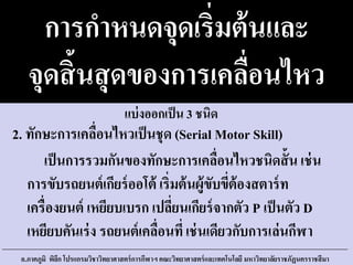 การกาหนดจุดเริ่มต้นและ
จุดสิ้นสุดของการเคลื่อนไหว
เป็นการรวมกันของทักษะการเคลื่อนไหวชนิดสั้น เช่น
การขับรถยนต์เกียร์ออโต้ เริ่มต้นผู้ขับขี่ต้องสตาร์ท
เครื่องยนต์ เหยียบเบรก เปลี่ยนเกียร์จากตัว P เป็นตัว D
เหยียบคันเร่ง รถยนต์เคลื่อนที่เช่นเดียวกับการเล่นกีฬา
อ.ภาคภูมิ พิลึก โปรแกรมวิชาวิทยาศาสตร์การกีฬาฯ คณะวิทยาศาสตร์และเทคโนโลยี มหาวิทยาลัยราชภัฏนครราชสีมา
2. ทักษะการเคลื่อนไหวเป็นชุด (Serial Motor Skill)
แบ่งออกเป็น 3 ชนิด
 