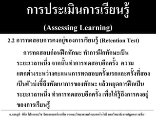 การประเมินการเรียนรู้
(Assessing Learning)
2.2 การทดสอบการคงอยู่ของการเรียนรู้ (Retention Test)
การทดสอบก่อนฝึกทักษะ ทาการฝึกทักษะเป็น
ระยะเวลาหนึ่ง จากนั้นทาการทดสอบอีกครั้ง ความ
แตกต่างระหว่างคะแนนการทดสอบครั้งแรกและครั้งที่สอง
เป็นตัวบ่งชี้ถึงพัฒนาการของทักษะ แล้วหยุดการฝึกเป็น
ระยะเวลาหนึ่ง ทาการทดสอบอีกครั้ง เพื่อให้รู้ถึงการคงอยู่
ของการเรียนรู้
อ.ภาคภูมิ พิลึก โปรแกรมวิชาวิทยาศาสตร์การกีฬาฯ คณะวิทยาศาสตร์และเทคโนโลยี มหาวิทยาลัยราชภัฏนครราชสีมา
 